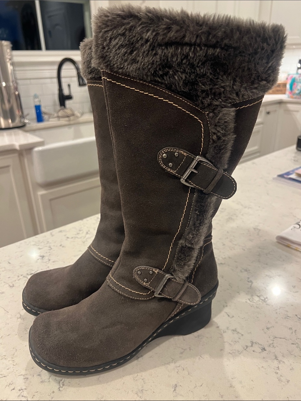 BareTraps Dark Brown Suede Faux Fur-Trim Winter Boots